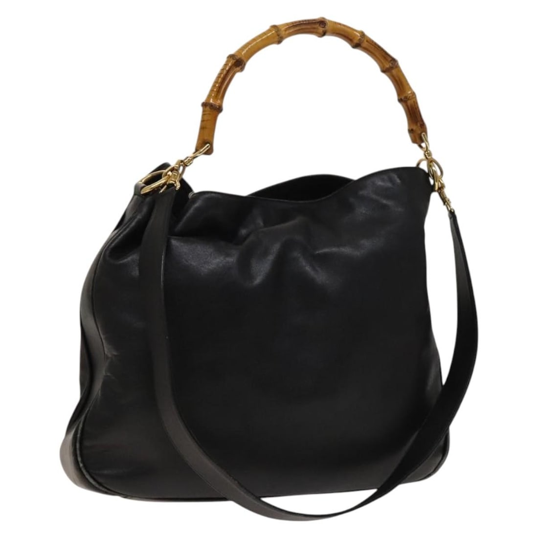 GUCCI Bamboo Shoulder Bag Leather Black Gold 001 1577 Italy Auth: GUCCI Bamboo Shoulder Bag Leather Black Gold 001 1577 Italy Auth This GUCCI Bamboo Shoulder Bag combines luxury and practicality, featuring a sophisticated black leather exterior with striking gold ac