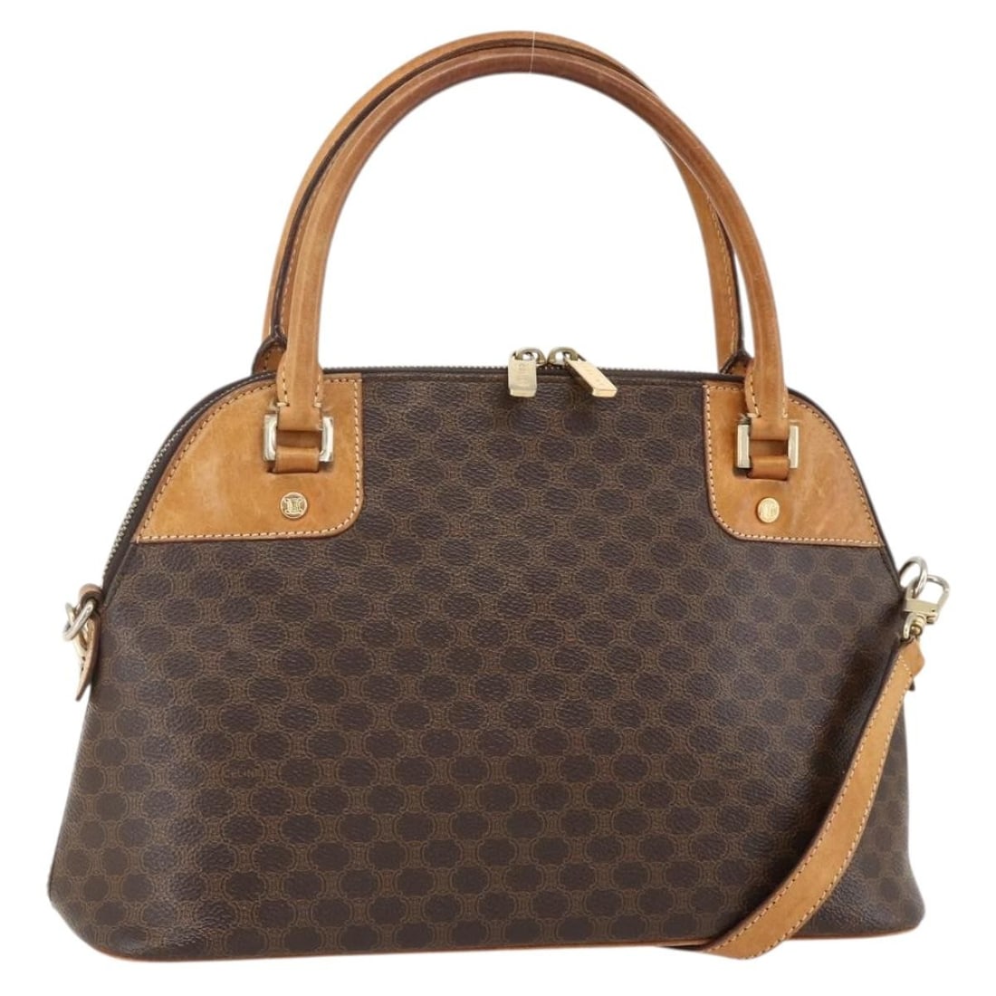 CELINE Macadam Brown PVC Leather Handbag with Shoulder Strap: CELINE Macadam Brown PVC Leather Handbag with Shoulder Strap A CELINE handbag in brown and gold, made from PVC leather and Macadam canvas. This hand bag includes a shoulder strap and was made in Italy