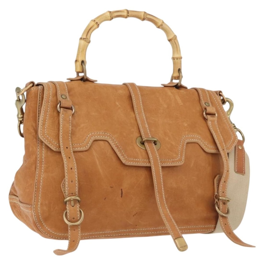 Miu Miu 2way Leather Handbag with Shoulder Strap Brown Gold: Miu Miu 2way Leather Handbag with Shoulder Strap Brown Gold Miu Miu 2-way handbag in brown leather with gold-tone accents. Made in Italy, this women's bag includes a shoulder strap and bamboo handle d