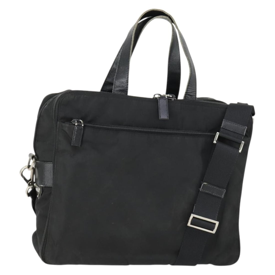 Prada Nylon Black Silver 2way Shoulder Tote Bag with Strap: Prada Nylon Black Silver 2way Shoulder Tote Bag with Strap This PRADA business bag is crafted from durable black nylon with silver-tone accents. Designed for versatility, it can be carried by the hand