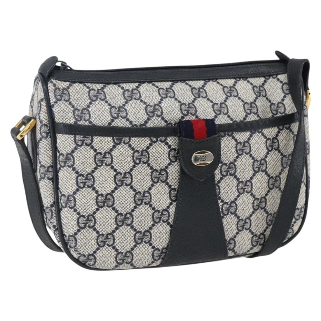 Navy Gold GG Supreme Sherry Line 89 02 032 Shoulder Bag by Gucci: Navy Gold GG Supreme Sherry Line 89 02 032 Shoulder Bag by Gucci This is a Gucci GG Supreme Sherry Line shoulder bag crafted from navy and gold PVC leather and GG canvas. The bag features a shoulder s