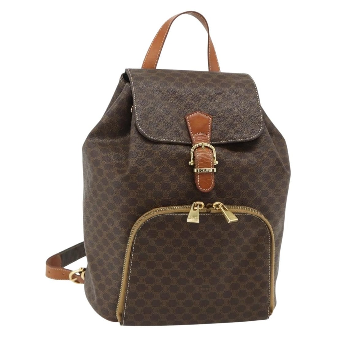 CELINE Macadam Canvas Brown Gold Backpack PVC Leather Italy: CELINE Macadam Canvas Brown Gold Backpack PVC Leather Italy This CELINE Macadam backpack features a classic brown and gold colorway with PVC leather and Macadam canvas construction. Designed for women