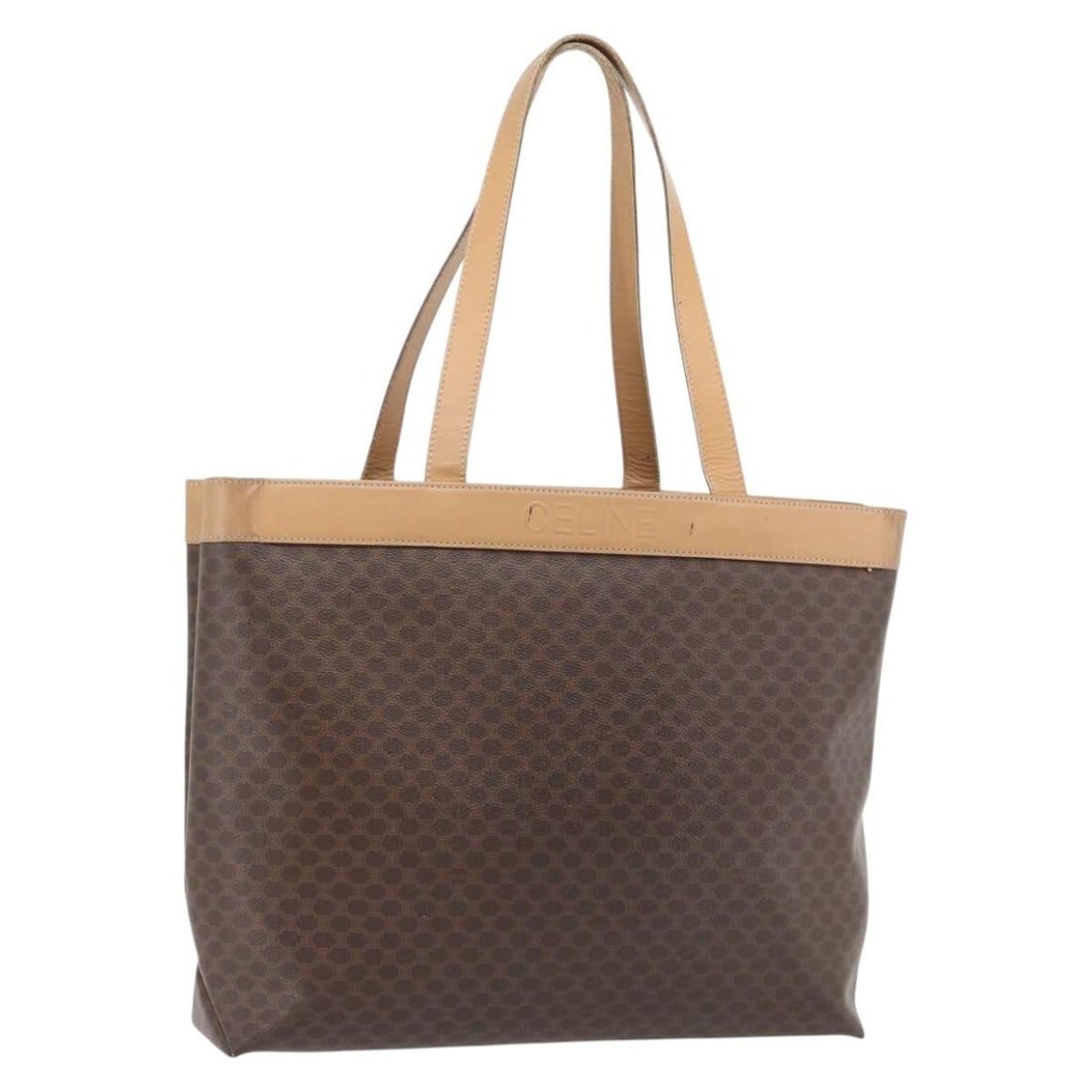 CELINE Macadam Canvas PVC Leather Tote Brown Gold: CELINE Macadam Canvas PVC Leather Tote Brown Gold Celine Macadam canvas tote bag in brown with gold-tone accents, crafted from PVC leather. Made in Italy, this women's tote is a heavily used authentic