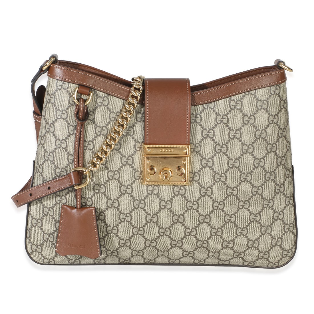 Gucci GG Supreme Beige Canvas Padlock Shoulder Bag: Gucci GG Supreme Beige Canvas Padlock Shoulder Bag This Gucci Beige Ebony GG Supreme Monogram Canvas Medium Padlock Shoulder Bag features the iconic GG Supreme monogram canvas in a beige color. The ba