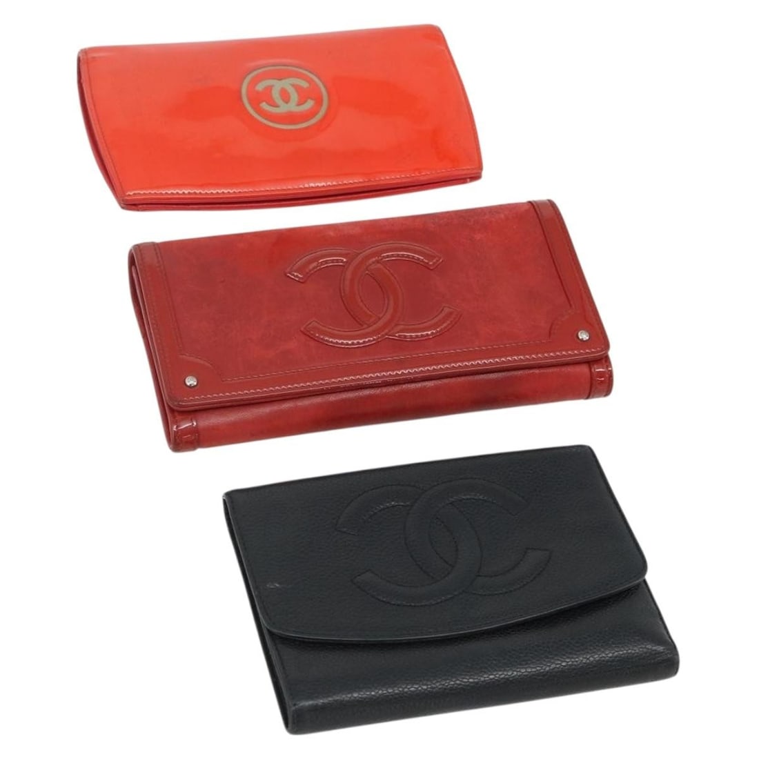 3 CHANEL Leather Wallets Orange Red Black with Guarantee Card: 3 CHANEL Leather Wallets Orange Red Black with Guarantee Card CHANEL leather wallet set in orange, red, and black, offered as a special set sale. It comes with a Guarantee Card and is described as hea