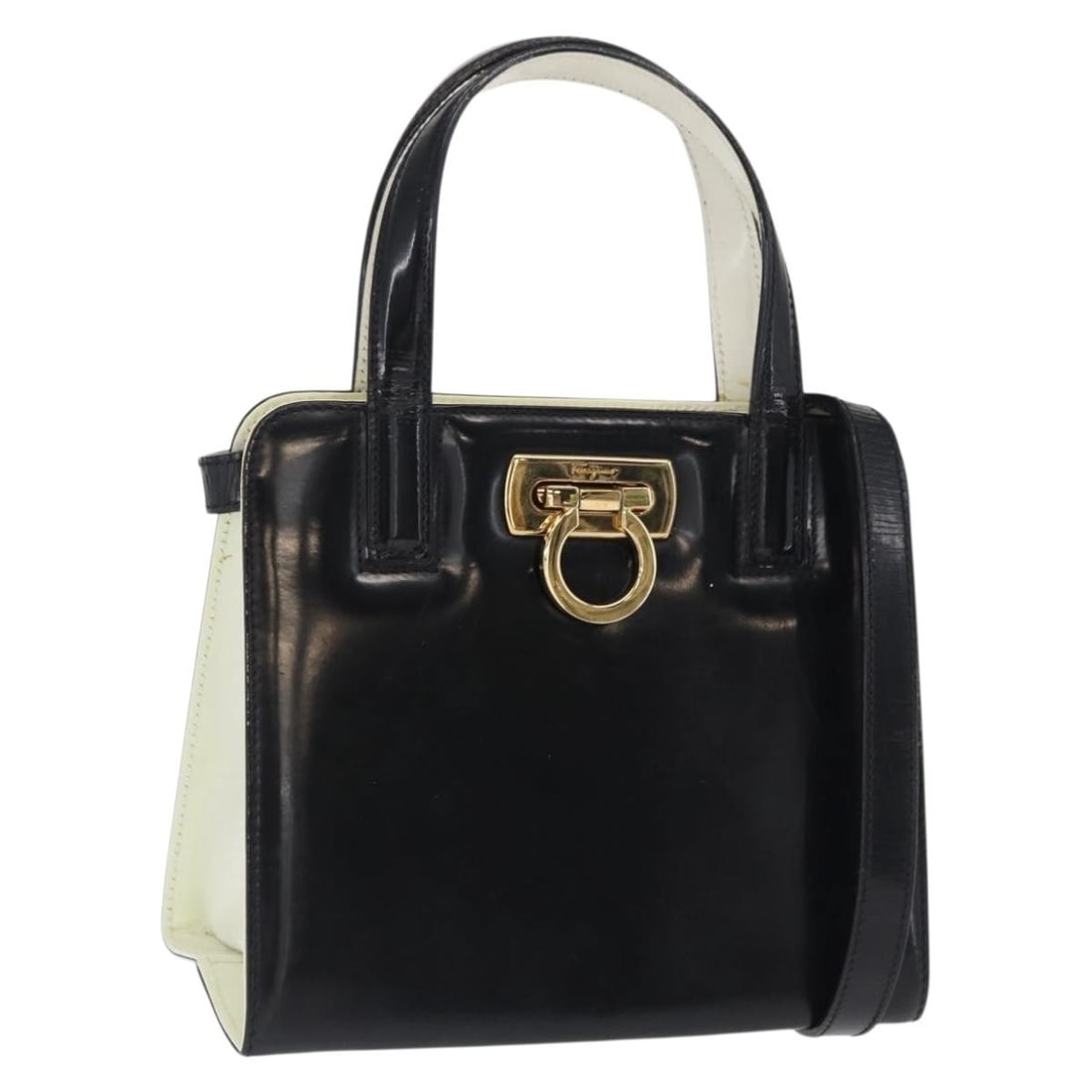 Salvatore Ferragamo Gancini Black Patent Leather Convertible Shoulder Handbag: Salvatore Ferragamo Gancini Black Patent Leather Convertible Shoulder Handbag This Salvatore Ferragamo Gancini handbag is crafted from patent leather in black with gold accents, designed for women. It