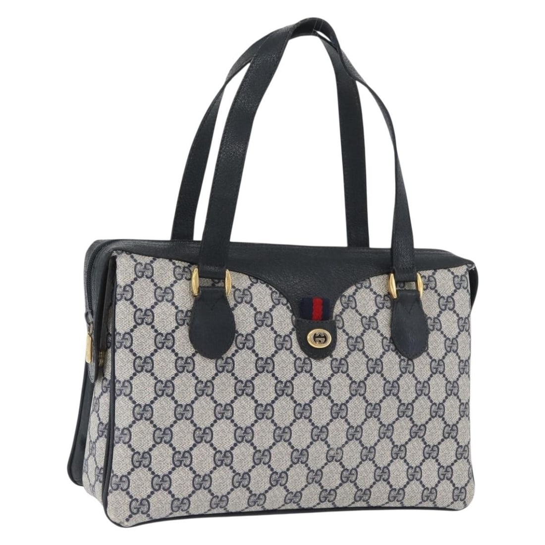 Gucci 41 02 079 GG Supreme Sherry Stripe PVC Handbag: Gucci 41 02 079 GG Supreme Sherry Stripe PVC Handbag Gucci Sherry Line hand bag in navy, gold, and red PVC leather with GG canvas accents. Made in Italy, this women's bag features a structured silhoue