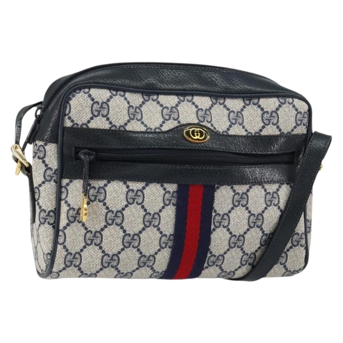 GUCCI GG Supreme Sherry Line Shoulder Bag PVC Navy Gold Red 378 02 004 Auth: GUCCI GG Supreme Sherry Line Shoulder Bag PVC Navy Gold Red 378 02 004 Auth Introducing the GUCCI GG Supreme Sherry Line Bag, a stylish shoulder bag crafted from durable PVC leather. This exquisite ba