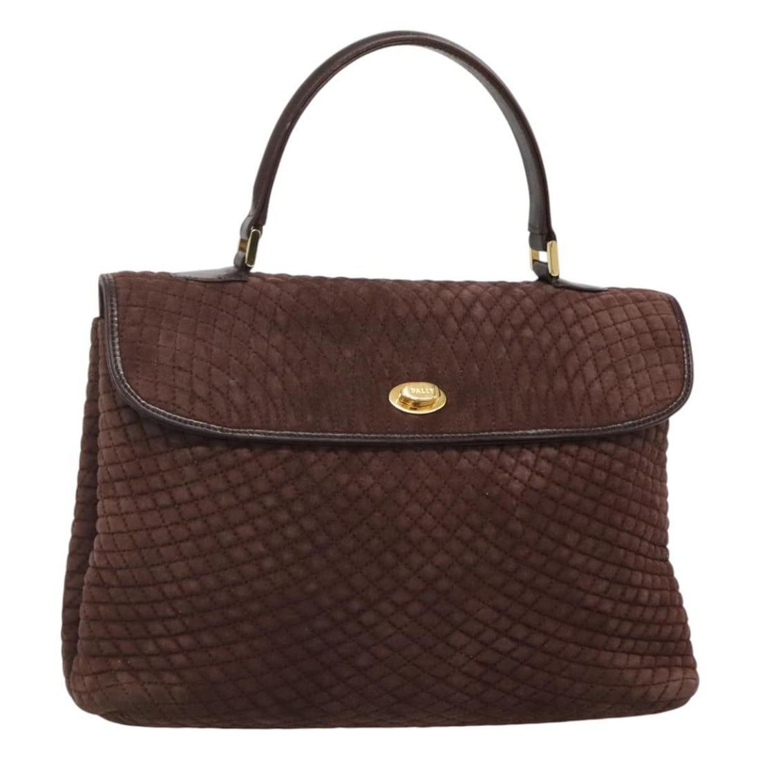 BALLY Dark Brown Suede Quilted Handbag Gold Tone Hardware Italy: BALLY Dark Brown Suede Quilted Handbag Gold Tone Hardware Italy This Bally quilted handbag is crafted from dark brown suede with gold accents. Designed for women, it features a spacious main compartme