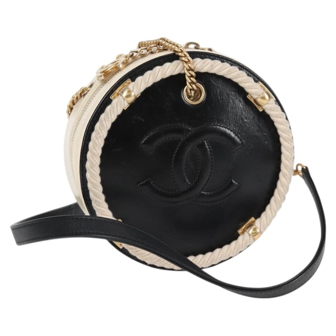 CHANEL Matelasse CC Round Shoulder Bag Black Leather Chain Strap: CHANEL Matelasse CC Round Shoulder Bag Black Leather Chain Strap CHANEL Matelasse COCO Mark Chain Round Rope shoulder bag in black leather with gold-tone exterior accents. Made in Italy, this women's 