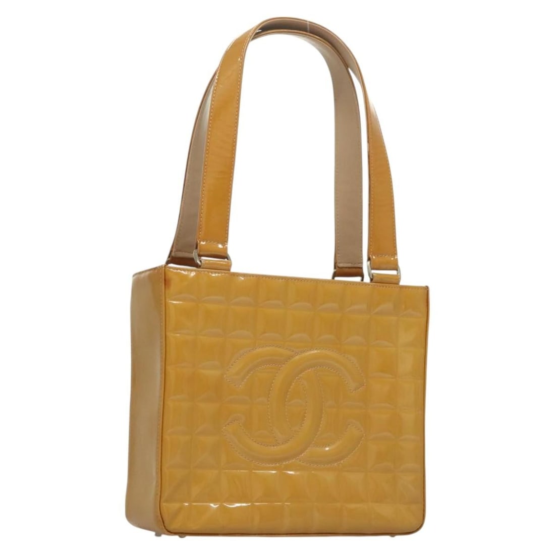 CHANEL Choco Bar Patent Leather Hand Bag Yellow Silver CC: CHANEL Choco Bar Patent Leather Hand Bag Yellow Silver CC Chanel patent leather handbag in yellow and silver, made in Italy. The bag measures approximately 24 cm wide, 22 cm high, and 9 cm deep, with 