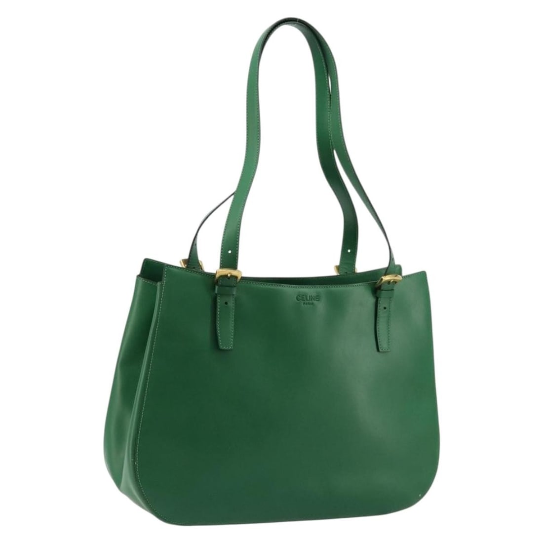 Celine Green Leather Shoulder Bag Gold Tone Hardware Italy: Celine Green Leather Shoulder Bag Gold Tone Hardware Italy Green leather shoulder bag with gold-tone metal fittings, made in Italy. The bag measures approximately 38 cm wide, 27 cm high, and 10 cm dee