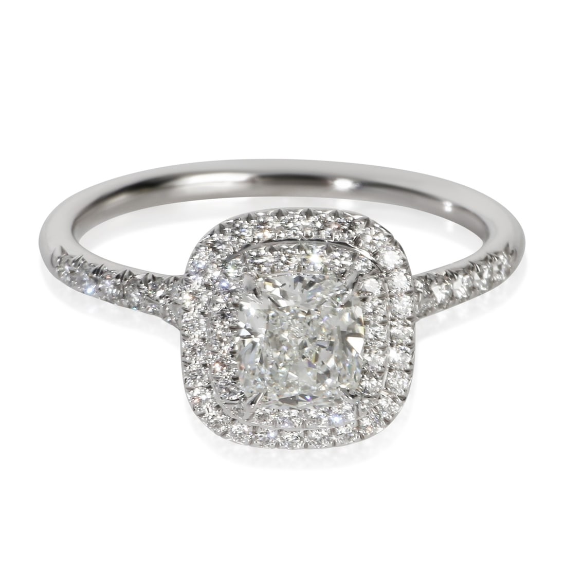 Tiffany Soleste Double Halo Platinum Cushion Diamond Ring 1.07 ct: Tiffany Soleste Double Halo Platinum Cushion Diamond Ring 1.07 ct This Tiffany & Co. Soleste Double Halo engagement ring features a 1.07 carat cushion-cut diamond of G color and VS1 clarity, surrounde