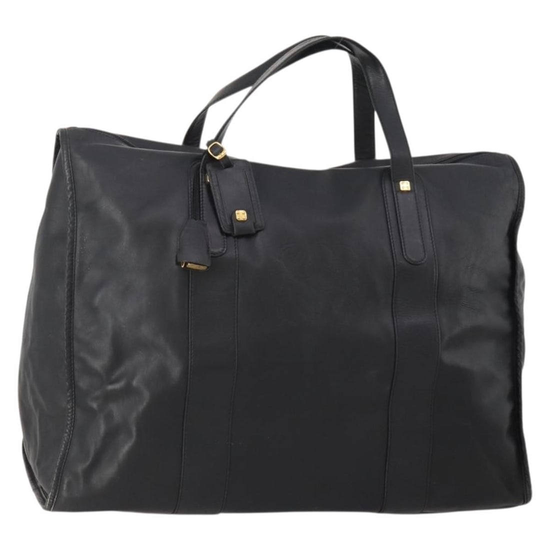 LOEWE leather Boston bag in black with gold tone padlock keys: LOEWE leather Boston bag in black with gold tone padlock keys Authentic LOEWE Anagram Boston bag in black leather with gold-tone accents. This women's handbag is made in Spain and includes a padlock, 
