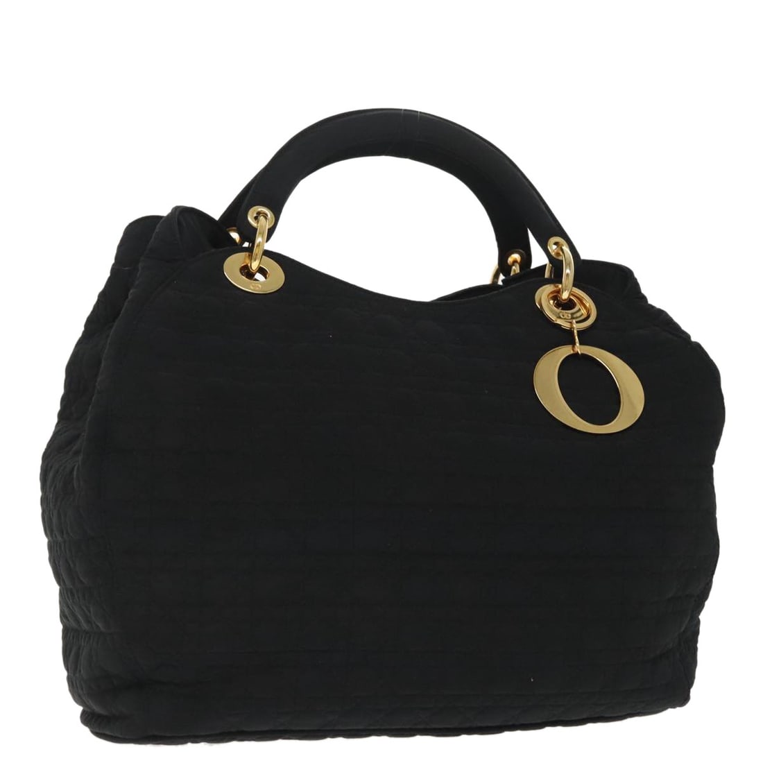 Christian Dior Cannage Black Nylon Handbag with Dust Bag Charm: Christian Dior Cannage Black Nylon Handbag with Dust Bag Charm This Christian Dior Canage hand bag is crafted from black and gold nylon and features a structured silhouette. The bag includes a dust ba