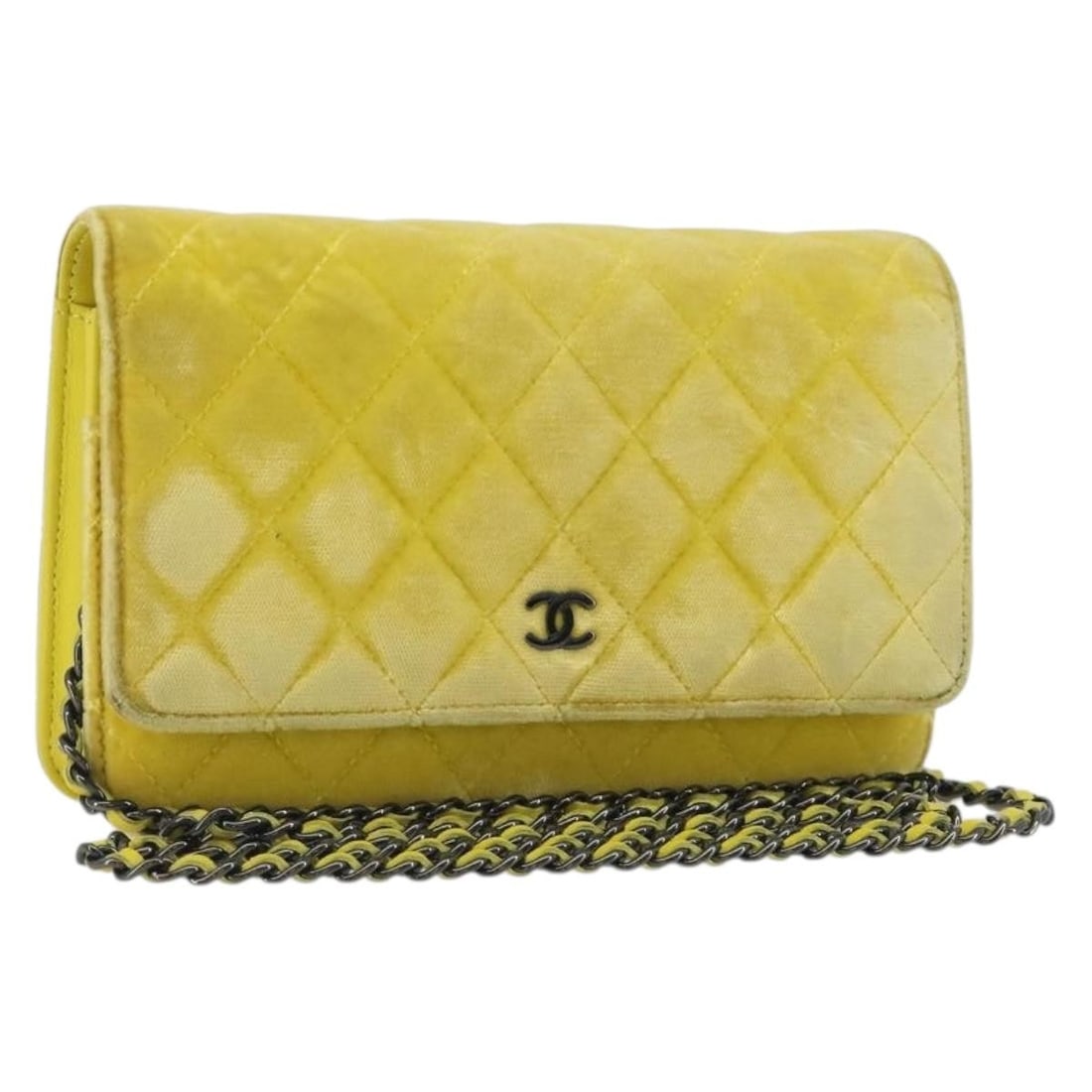 Chanel Matelasse Velor Shoulder Bag Yellow Silver Tone with Guarantee Card: Chanel Matelasse Velor Shoulder Bag Yellow Silver Tone with Guarantee Card Chanel matelasse chain shoulder bag in yellow and silver velor, made in Italy. It comes with a guarantee card and has serial 