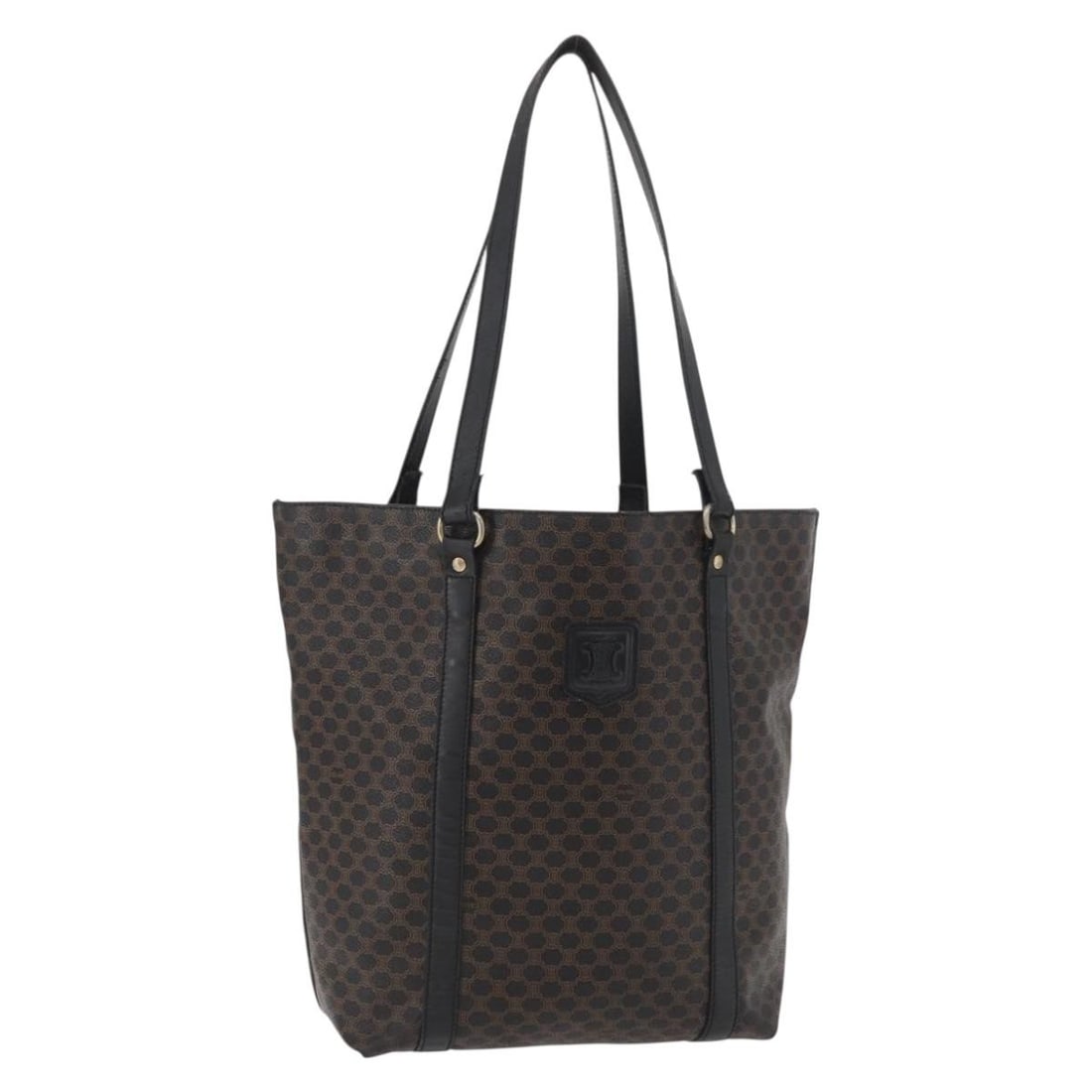 CELINE Macadam Tote Bag in Black PVC Leather Gold Tone: CELINE Macadam Tote Bag in Black PVC Leather Gold Tone Celine Macadam canvas tote bag in black and gold with PVC leather trim. This women's tote is made in Italy and shows heavy use, including loss of