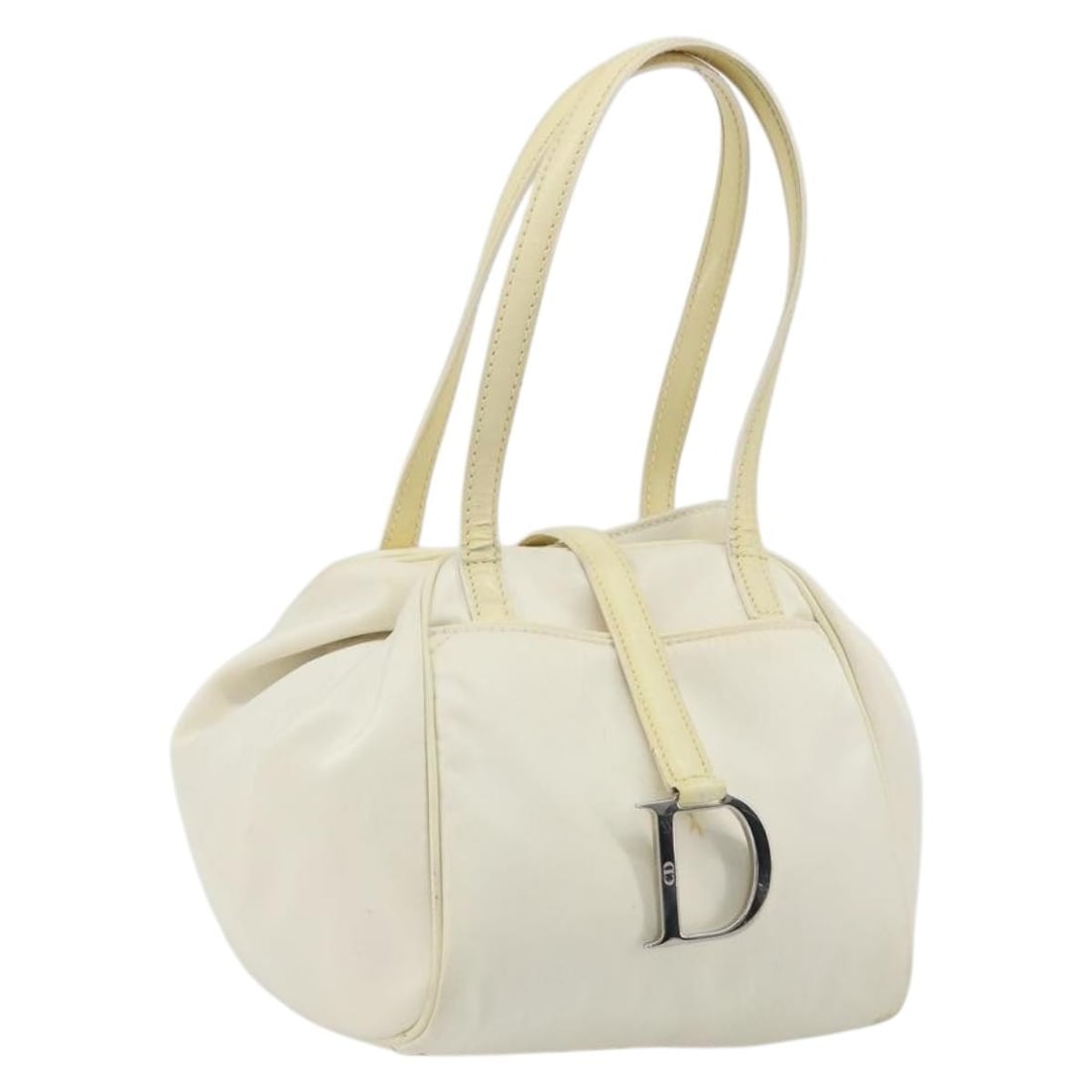 Christian Dior White Silver Nylon Handbag Made in Italy: Christian Dior White Silver Nylon Handbag Made in Italy Christian Dior hand bag in white and silver nylon, made in Italy. This item is a heavily used style with visible wear, including out-of-shape su