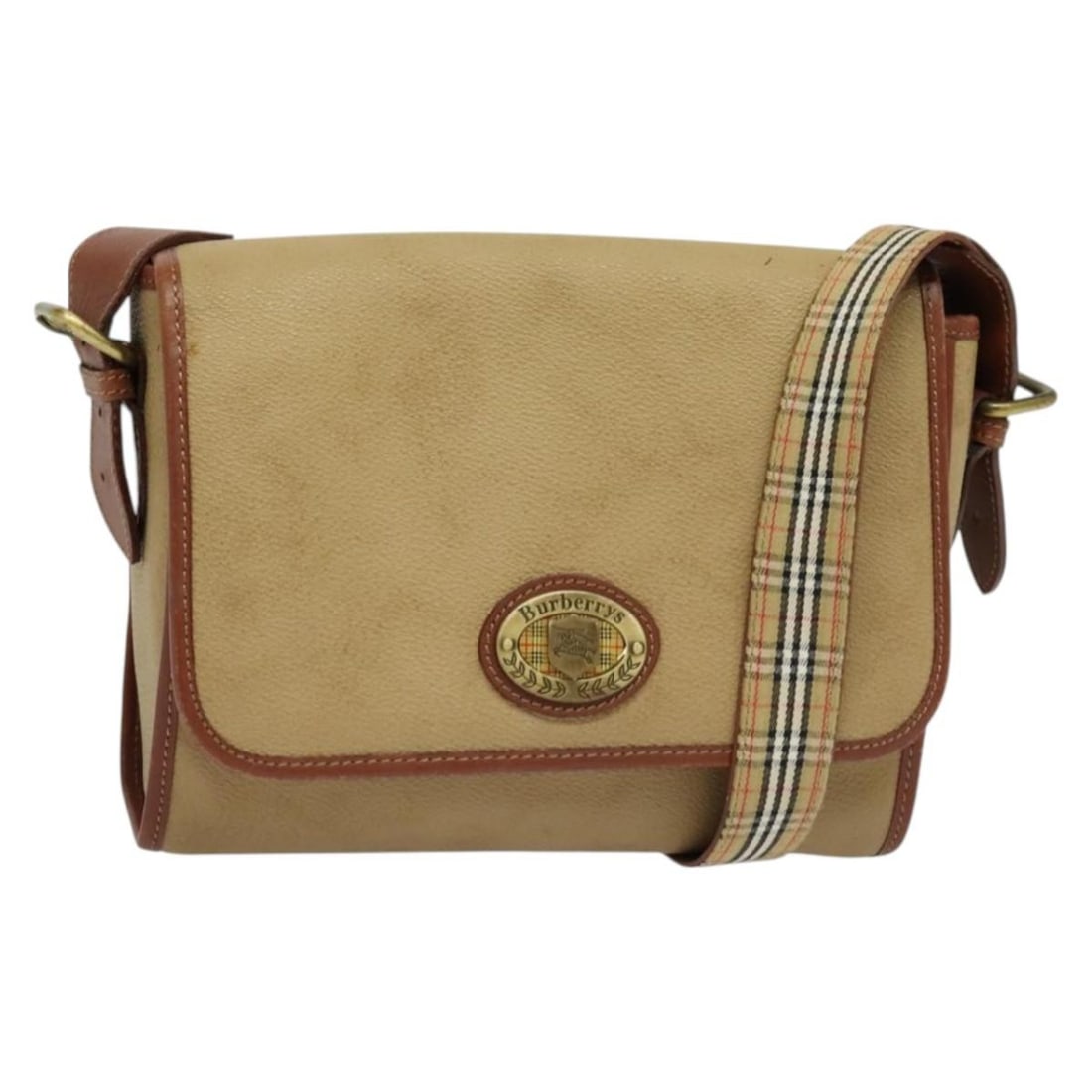 Burberrys Beige Gold PVC Leather Shoulder Bag Auth: Burberrys Beige Gold PVC Leather Shoulder Bag Auth This Burberrys shoulder bag combines a stylish design with practicality, featuring a chic beige and gold PVC leather exterior. With approximate dimen