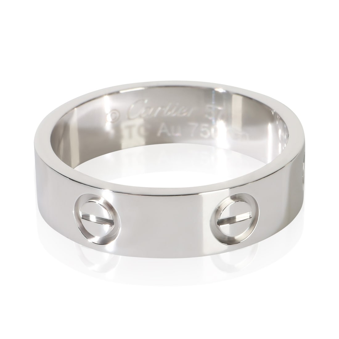 Cartier Love 18k White Gold Ring Size 8 with Box Papers: Cartier Love 18k White Gold Ring Size 8 with Box Papers Cartier Love ring in 18k white gold, designed for unisex wear. The ring is pre-owned and comes with the original box and packaging, papers, cert
