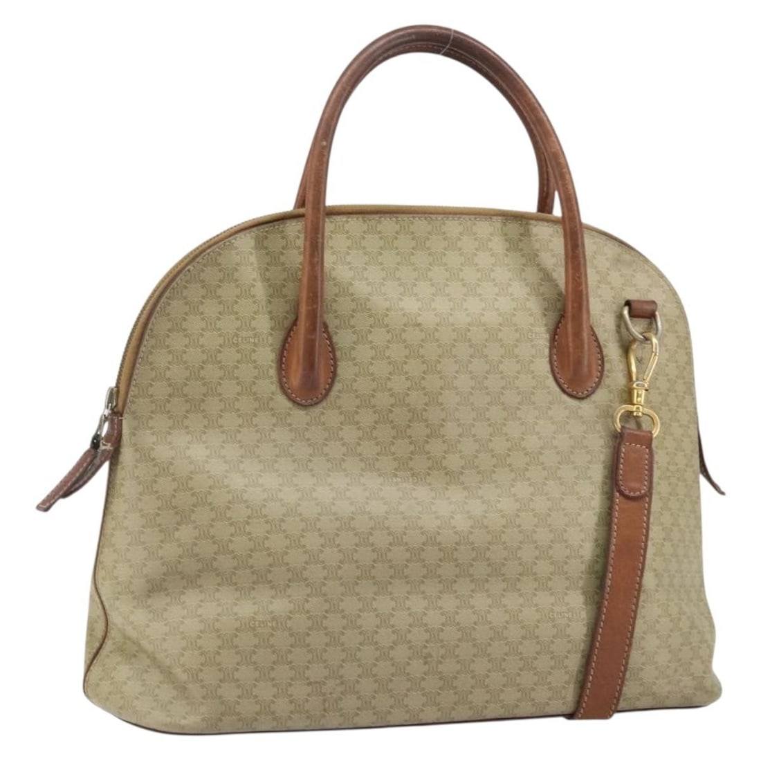 CELINE Macadam PVC Leather Beige Gold 2way Hand Bag Shoulder Strap: CELINE Macadam PVC Leather Beige Gold 2way Hand Bag Shoulder Strap This CELINE Macadam Canvas 2-way handbag features a beige and gold color scheme and is crafted from PVC leather and Macadam canvas. D