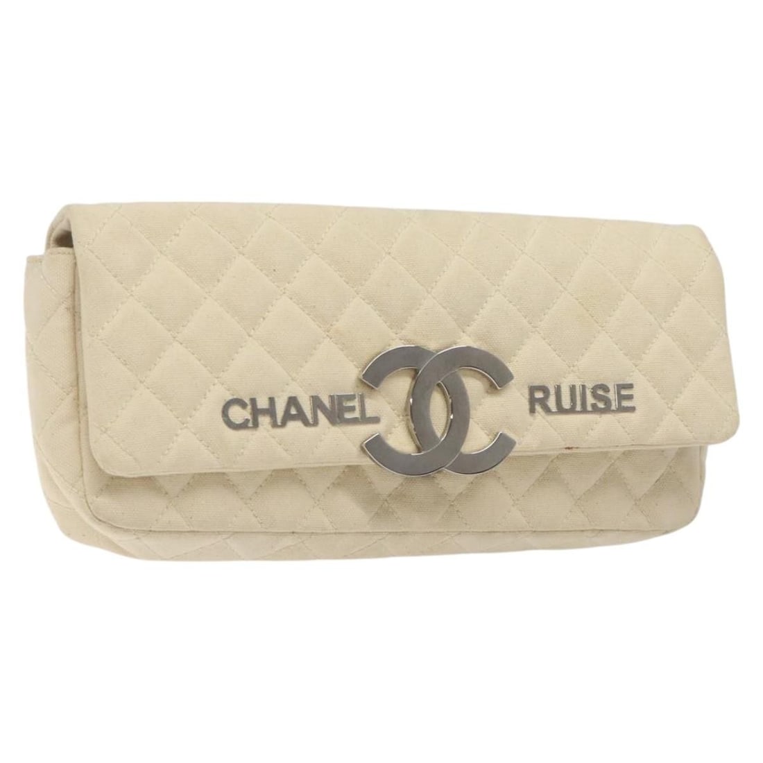 CHANEL Cruise Line Matelasse Canvas Clutch Bag Cream Silver: CHANEL Cruise Line Matelasse Canvas Clutch Bag Cream Silver A CHANEL Cruise Line matelasse clutch bag in cream and silver, crafted from canvas. It is a clutch style bag made in France and offered in h