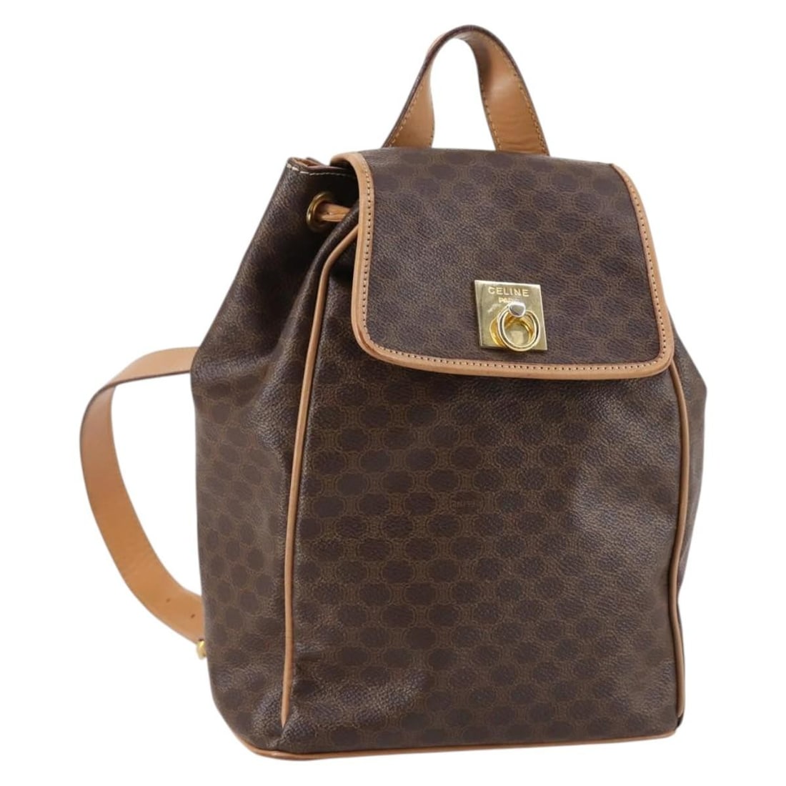 CELINE Macadam Backpack Brown PVC Leather Canvas Italy: CELINE Macadam Backpack Brown PVC Leather Canvas Italy Brown and gold CELINE backpack in PVC leather and Macadam canvas, made in Italy. The bag measures approximately W20 cm x H25 cm x D10 cm (W7.9 x 