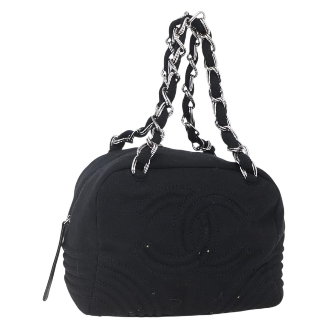 Chanel Coco Mark Cotton Handbag Black Silver CC Auth: Chanel Coco Mark Cotton Handbag Black Silver CC Auth CHANEL COCO Mark hand bag in cotton with a silver and black color scheme. Made in Italy, it features a handle drop of approximately 20 cm (7.9 in).