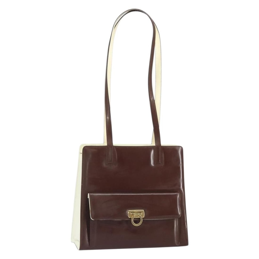 Brown Patent Leather Tote Bag Salvatore Ferragamo Gancini with Gold Accents: Brown Patent Leather Tote Bag Salvatore Ferragamo Gancini with Gold Accents This Salvatore Ferragamo Gancini tote bag features a brown patent leather exterior with gold-tone hardware. Made in Italy, t