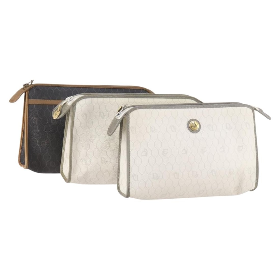 Christian Dior Honeycomb Canvas PVC Clutch Bag 3 Piece Set White Black: Christian Dior Honeycomb Canvas PVC Clutch Bag 3 Piece Set White Black A Christian Dior clutch bag set in white and black, made in France. It is crafted from PVC leather and honeycomb canvas. The item