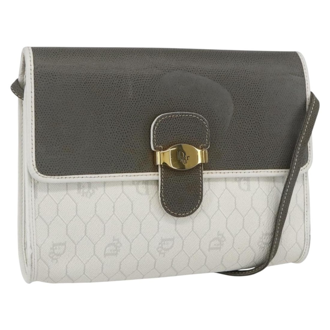 Christian Dior Honeycomb Pattern Gold White PVC Shoulder Bag: Christian Dior Honeycomb Pattern Gold White PVC Shoulder Bag This Christian Dior shoulder bag features the iconic honeycomb canvas design in gold and white PVC leather. Made in France, the bag has a c
