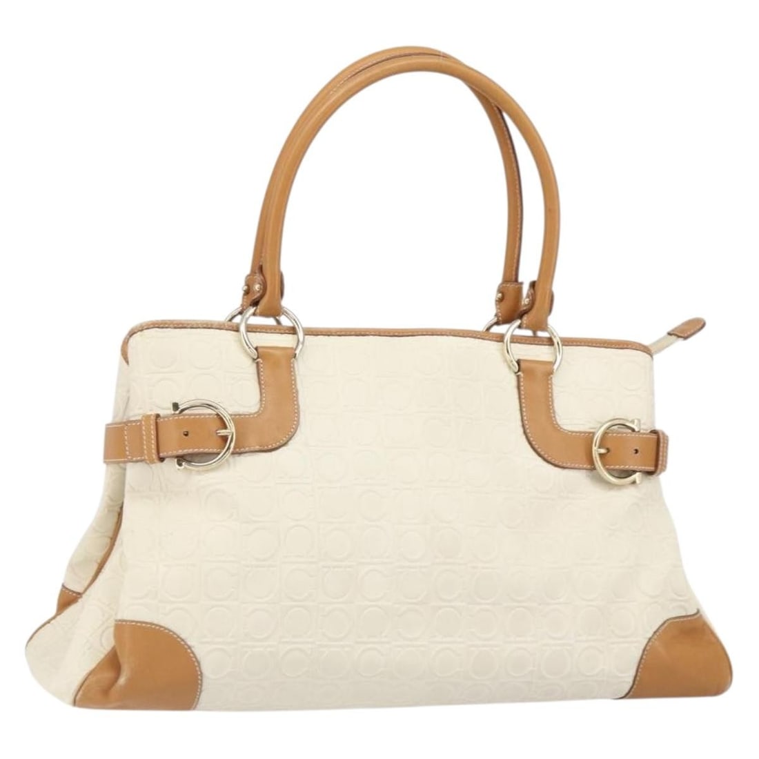 Salvatore Ferragamo Gancini Leather Handbag White with Gold Hardware: Salvatore Ferragamo Gancini Leather Handbag White with Gold Hardware This Salvatore Ferragamo Gancini handbag features white leather with gold-tone hardware. It is made in Italy and designed as a spac