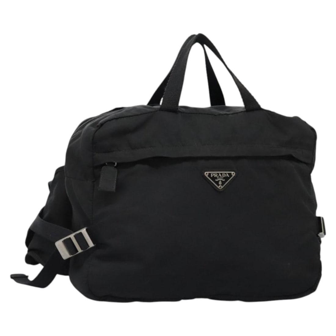 Prada Nylon Black Silver 2way Handbag Italy: Prada Nylon Black Silver 2way Handbag Italy This PRADA 2-way handbag is crafted from black nylon with silver-tone accents. Designed for versatility, it can be carried by hand or worn with a strap. The