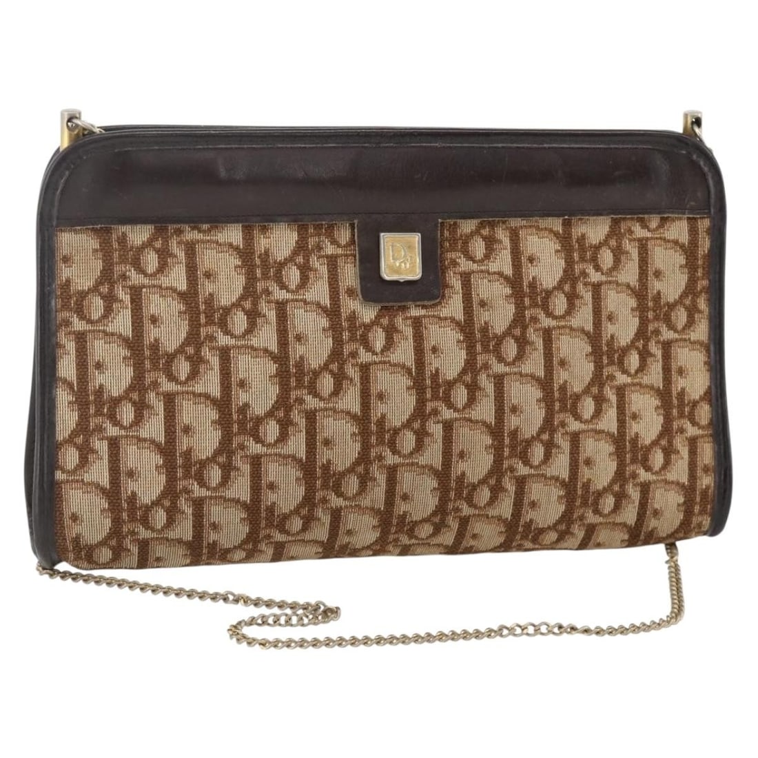 Brown Gold Trotter Canvas Shoulder Bag by Christian Dior with Chain Strap: Brown Gold Trotter Canvas Shoulder Bag by Christian Dior with Chain Strap This Christian Dior Trotter Canvas Chain Shoulder Bag features a brown and gold color scheme and is crafted in France from sig