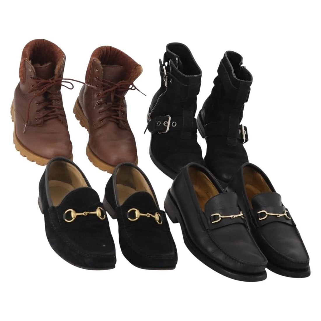 Gucci leather women shoes 4 pair black brown Italy: Gucci leather women shoes 4 pair black brown Italy This set includes four pairs of women's GUCCI shoes crafted from leather in black and brown. Made in Italy, these shoes display significant signs of 
