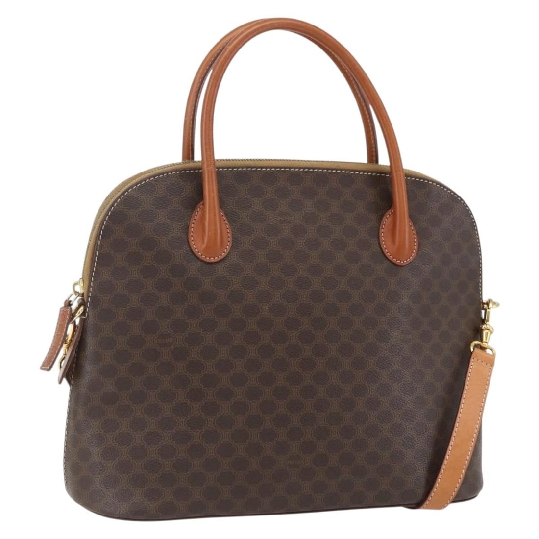 CELINE Macadam 2way Handbag Brown PVC Leather with Shoulder Strap: CELINE Macadam 2way Handbag Brown PVC Leather with Shoulder Strap A CELINE 2-way handbag in brown and gold, made from PVC leather and Macadam canvas. It comes with a shoulder strap and was made in Ita
