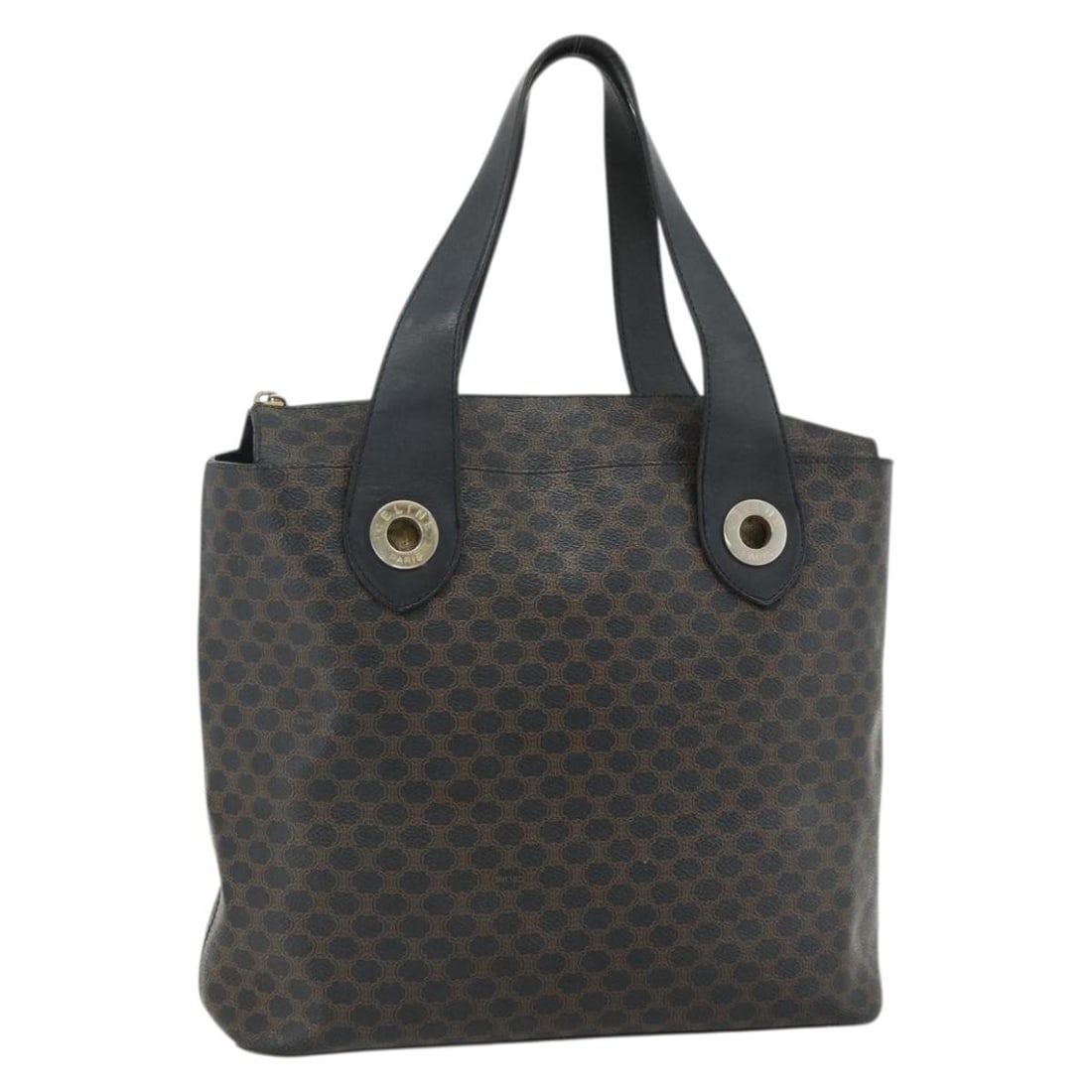 CELINE Macadam Canvas Hand Bag Black PVC Leather Gold Tone: CELINE Macadam Canvas Hand Bag Black PVC Leather Gold Tone CELINE Macadam Canvas hand bag in black and gold, made in Italy from PVC leather and Macadam canvas. Designed for women, this bag features a 