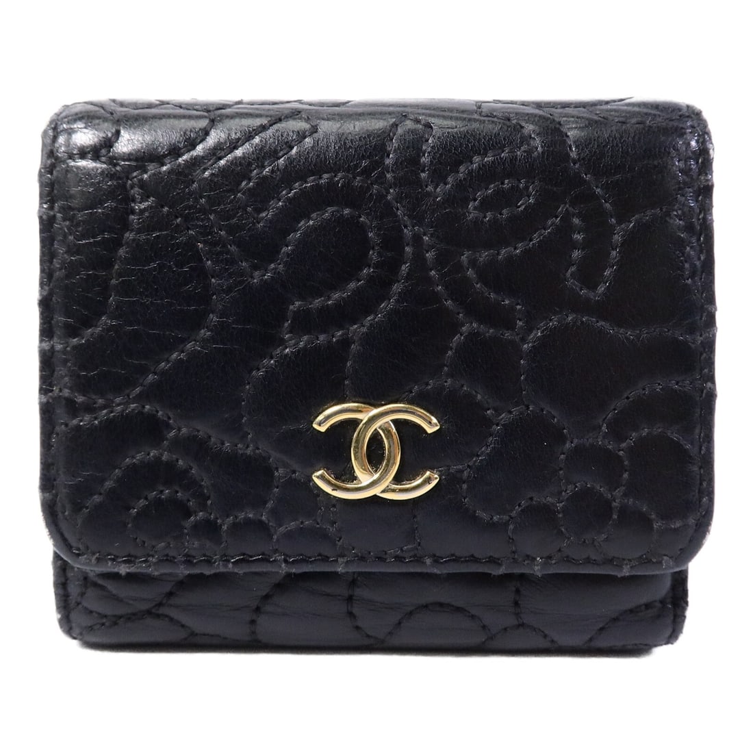 CHANEL CC Tri Fold Wallet Black Calfskin Gold Tone Hardware: CHANEL CC Tri Fold Wallet Black Calfskin Gold Tone Hardware A CHANEL tri-fold wallet in black calfskin (cowhide) leather with gold-tone CC hardware. Designed for women, it features a hook button closu