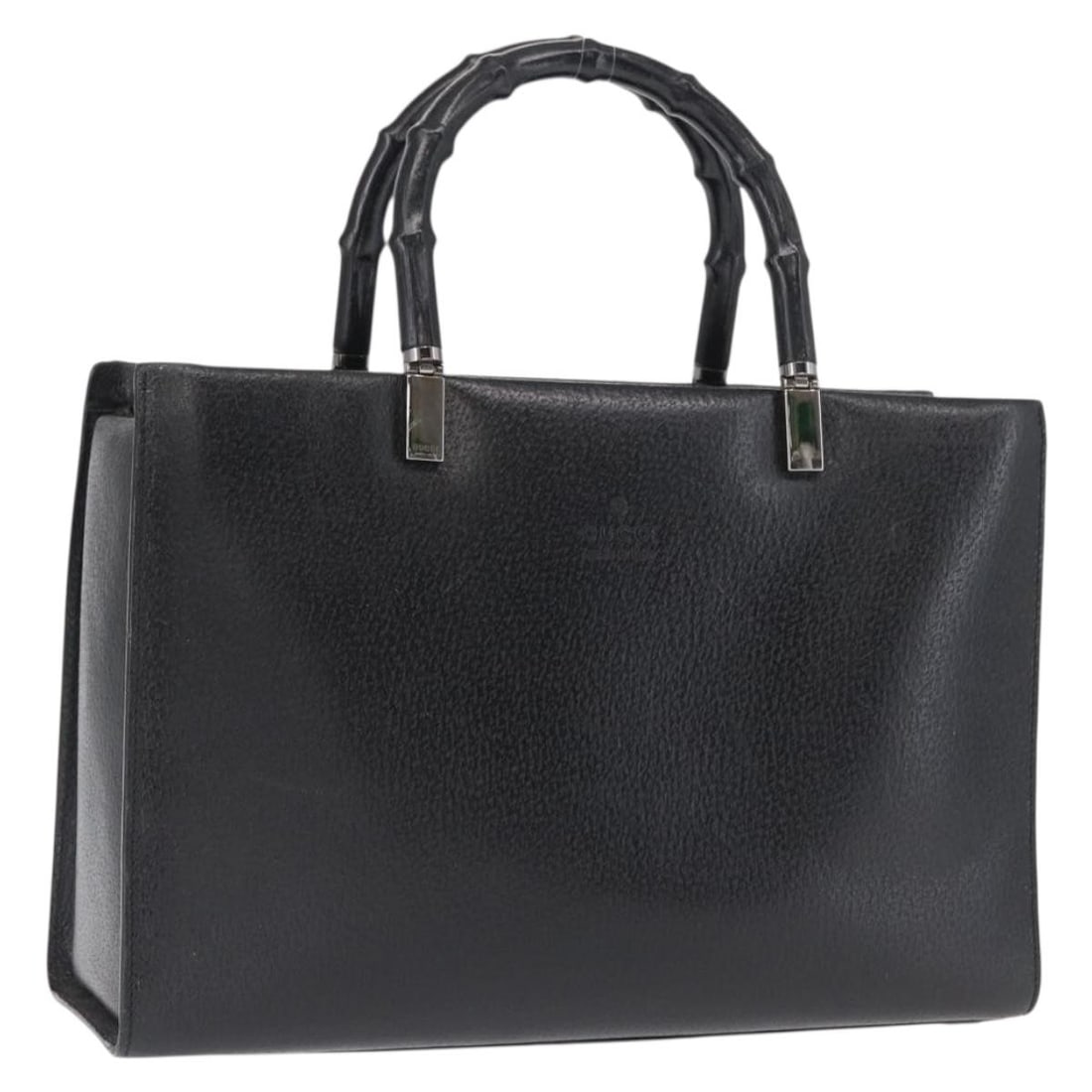 Black Leather GUCCI Bamboo Handbag Model 002 0260 Silver Hardware: Black Leather GUCCI Bamboo Handbag Model 002 0260 Silver Hardware This is a GUCCI Bamboo Hand Bag crafted from black leather with silver-tone accents. The bag features a structured silhouette, a bambo
