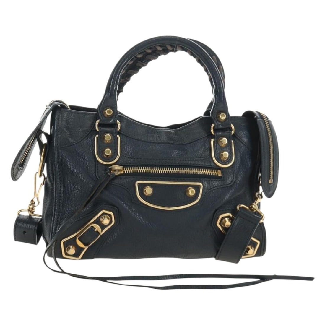 BALENCIAGA Mini City 2way Leather Handbag Navy with Strap Mirror: BALENCIAGA Mini City 2way Leather Handbag Navy with Strap Mirror Balenciaga Classic Metallic Edge Mini City 2-way handbag in navy leather with gold-tone accents. Made in Italy, this women's bag includ