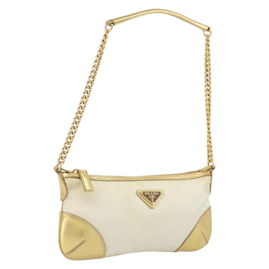 Prada White Nylon Shoulder Bag with Gold Chain Made in Italy: Prada White Nylon Shoulder Bag with Gold Chain Made in Italy Prada chain shoulder bag in white/gold nylon, made in Italy. The bag is described as a shoulder bag and is offered with the item shown in t