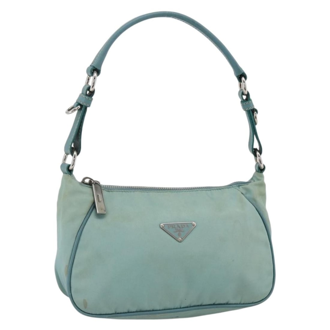 Prada Nylon Shoulder Bag Light Blue Leather Trim Silver Tone: Prada Nylon Shoulder Bag Light Blue Leather Trim Silver Tone A Prada shoulder bag in light blue and silver, crafted from nylon with leather details. Made in Italy, it measures approximately W21 x H13 