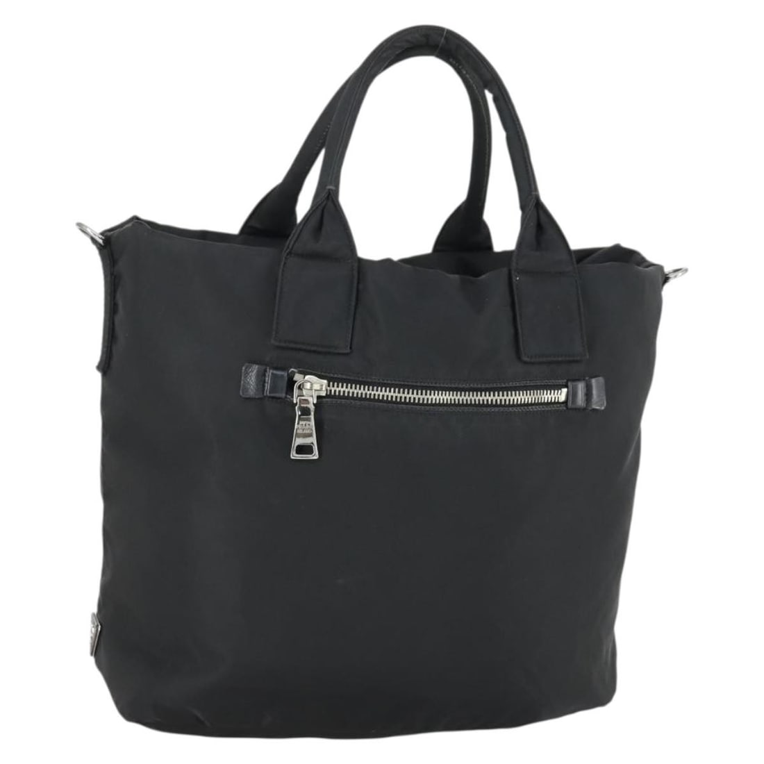 Prada Nylon Black Silver Handbag with Clochette: Prada Nylon Black Silver Handbag with Clochette This PRADA handbag is crafted from black nylon with silver-tone accents, offering a spacious and functional design. It features a handle drop of approxi