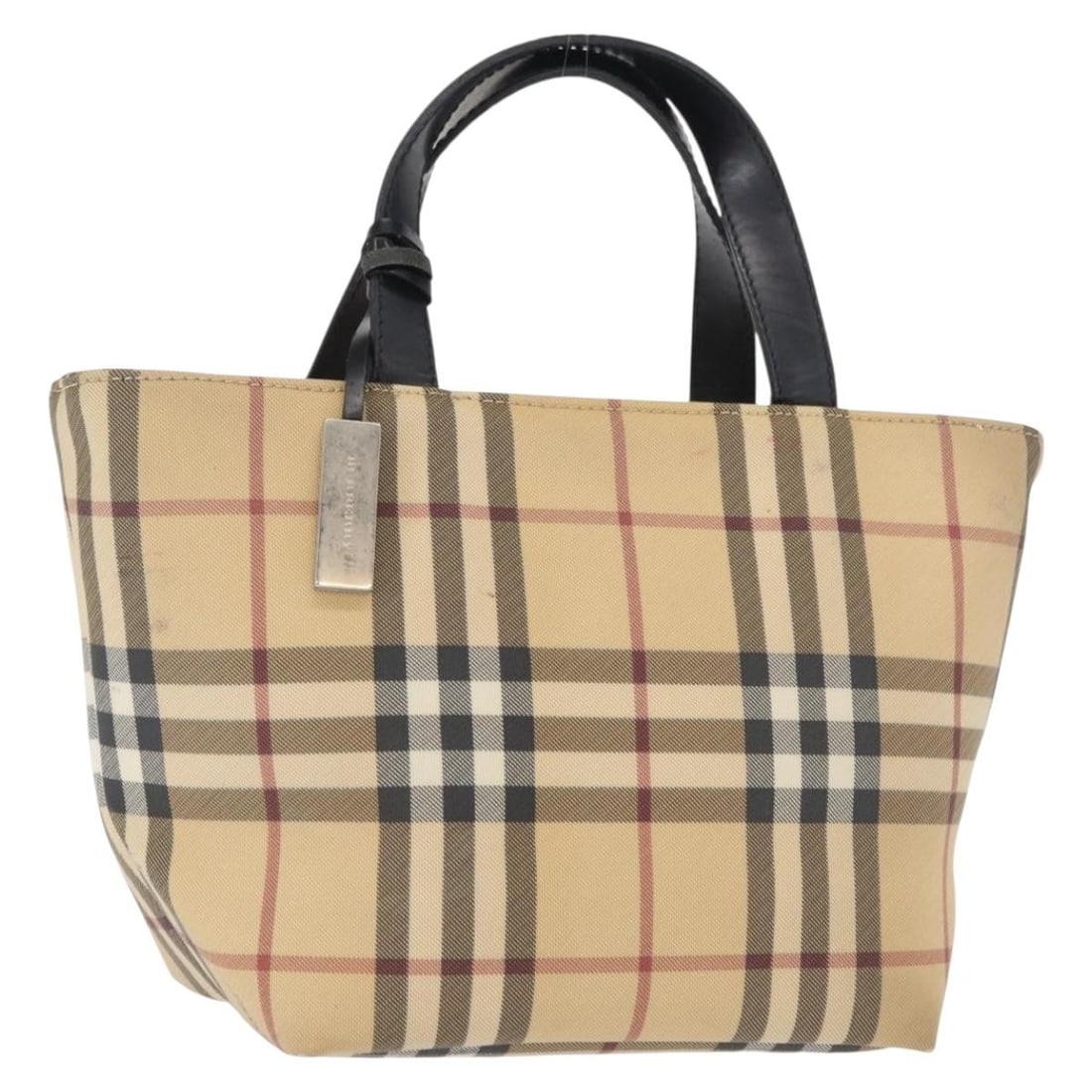 Beige Silver PVC Nova Check Handbag by Burberry with 7.1 Inch Height: Beige Silver PVC Nova Check Handbag by Burberry with 7.1 Inch Height This BURBERRY Nova Check hand bag features a beige and silver color scheme with PVC leather exterior. The bag is made in Italy and 