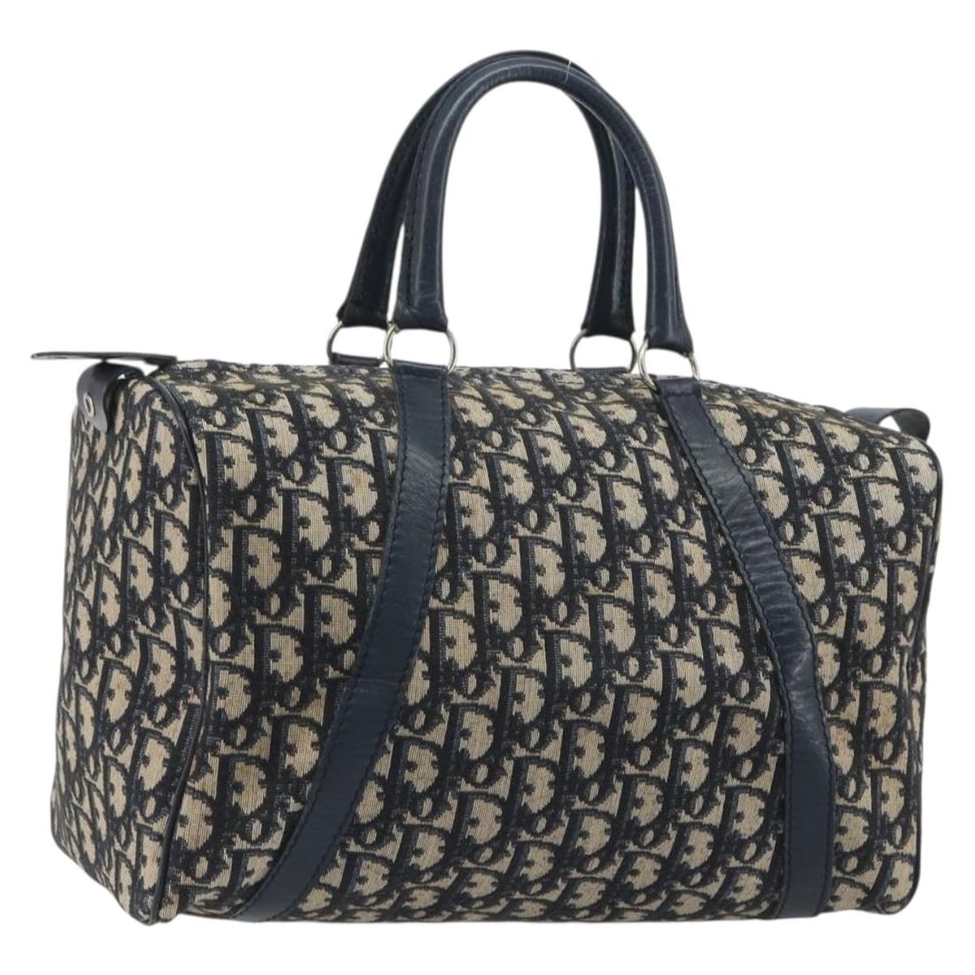 Christian Dior Boston Bag in Navy Silver Trotter Canvas: Christian Dior Boston Bag in Navy Silver Trotter Canvas Christian Dior Boston bag in Trotter Canvas with a navy and silver color scheme. Made in France, this women's bag measures approximately 32 cm W