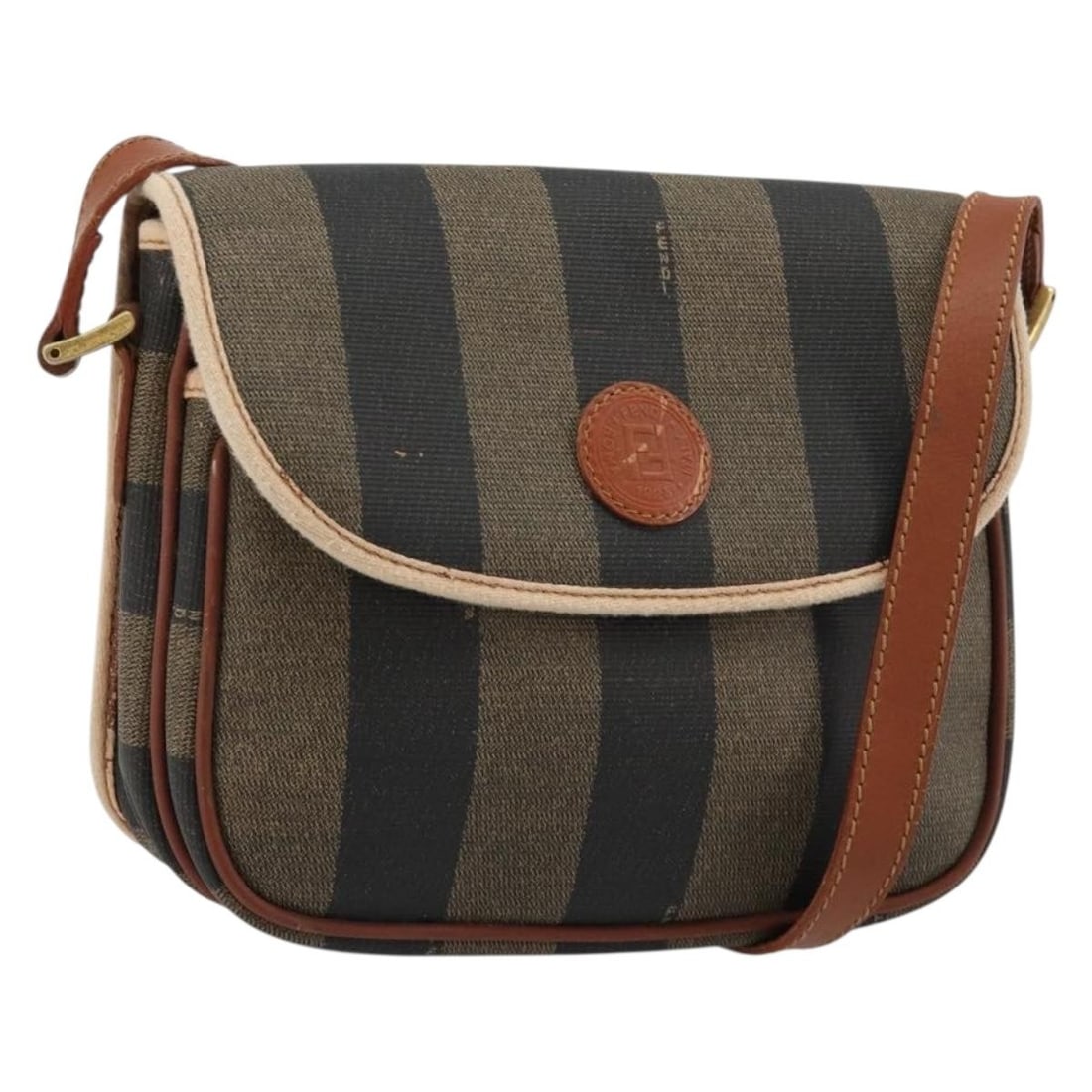Fendi Pequin Canvas PVC Leather Shoulder Bag Brown Gold: Fendi Pequin Canvas PVC Leather Shoulder Bag Brown Gold Authentic Fendi Pequin canvas shoulder bag in brown and gold with PVC leather trim. Made in Italy, this women's shoulder bag has an adjustable s