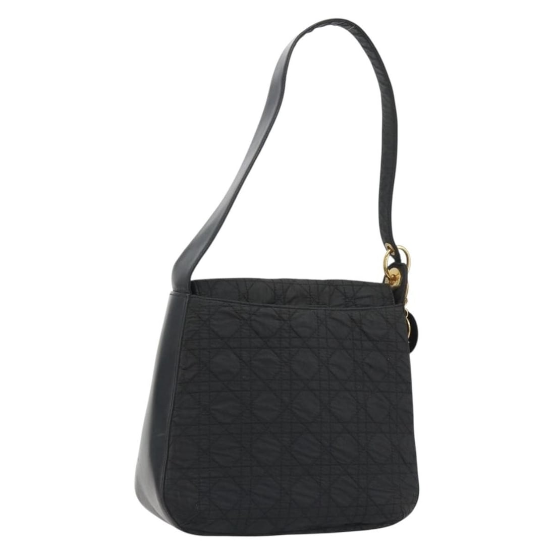 Christian Dior Cannage Nylon Shoulder Bag Black Gold Charm: Christian Dior Cannage Nylon Shoulder Bag Black Gold Charm A Christian Dior Canage shoulder bag in black and gold, made from nylon and crafted in Italy. It comes with a charm accessory and features th