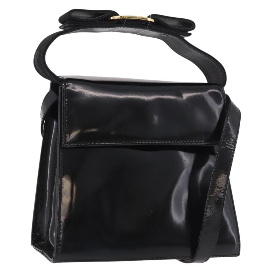 Salvatore Ferragamo Vala Black Gold Patent Leather Shoulder Bag 2way Auth: Salvatore Ferragamo Vala Black Gold Patent Leather Shoulder Bag 2way Auth This Salvatore Ferragamo Vala shoulder bag is crafted from black patent leather with gold-tone accents. Designed for versatili
