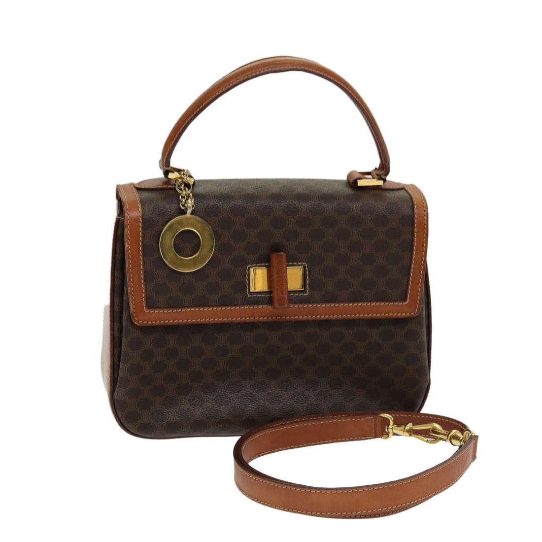 CELINE Macadam 2way Hand Bag Brown PVC Leather with Shoulder Strap: CELINE Macadam 2way Hand Bag Brown PVC Leather with Shoulder Strap A CELINE Macadam canvas handbag in brown and gold, made from PVC leather and Macadam canvas. This 2-way style includes a shoulder str