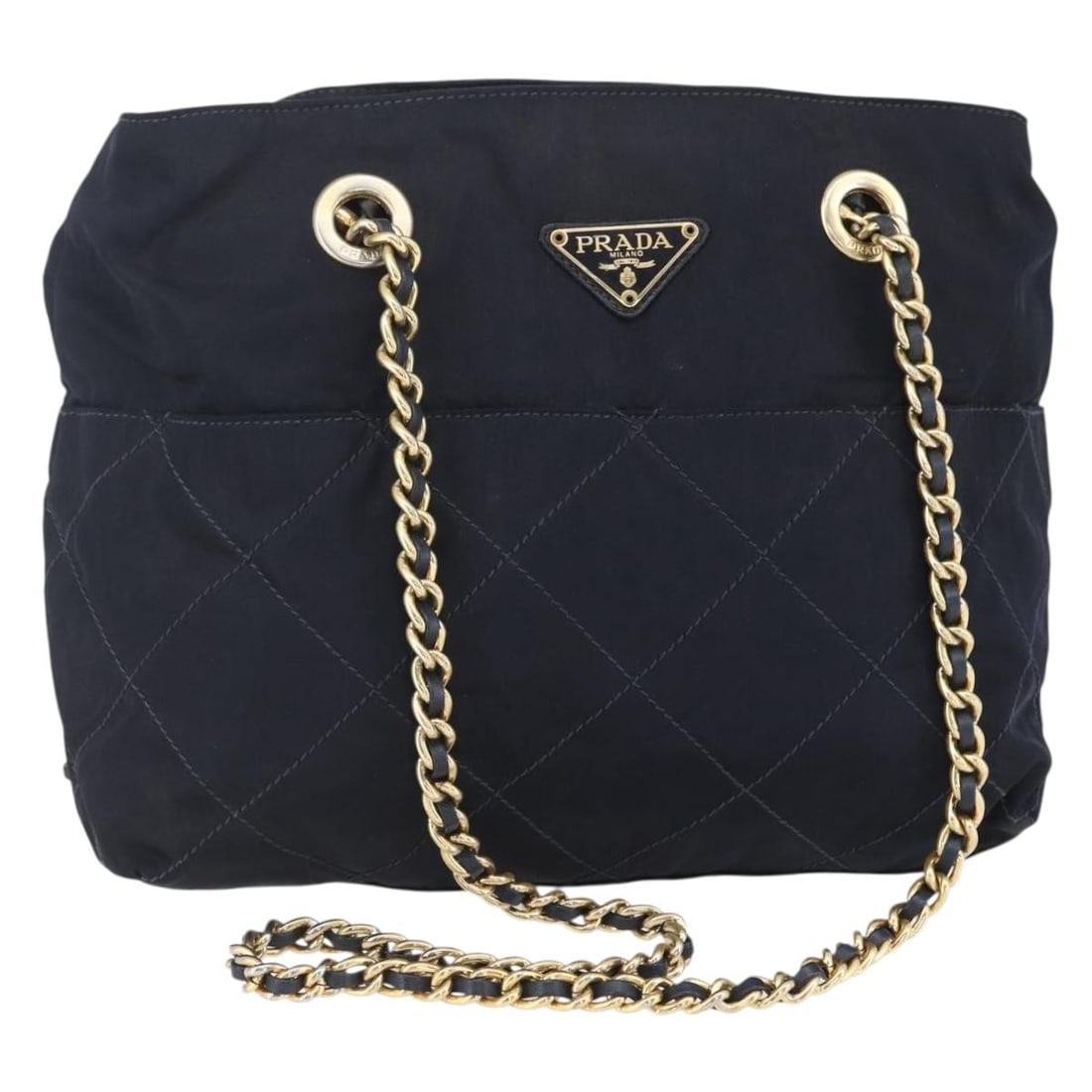PRADA Nylon Shoulder Bag Navy Gold Made in Italy: PRADA Nylon Shoulder Bag Navy Gold Made in Italy This authentic PRADA Chain Shoulder Bag features a stylish navy and gold color scheme, crafted from durable nylon. It embodies a chic shoulder bag styl